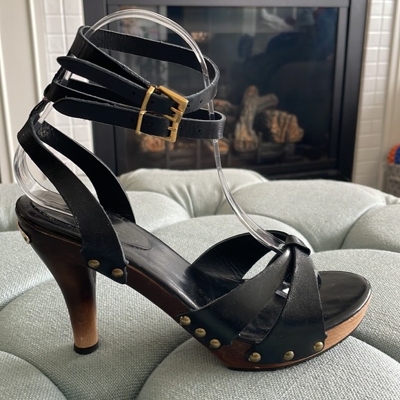 7 For All Mankind Black Leather Sandals with Wooden Ombré Heels - Picture 7 of 16